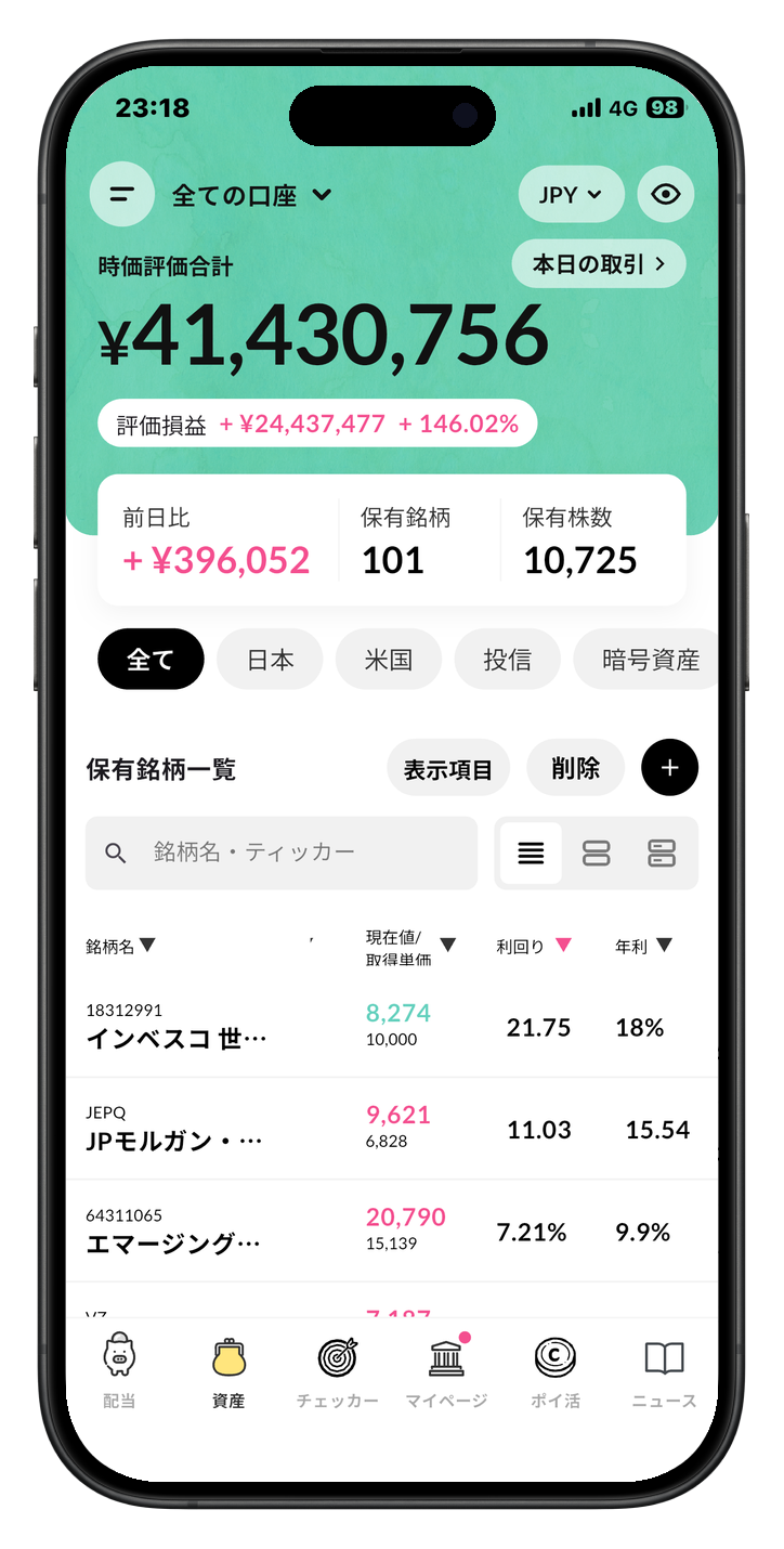 配当キングの資産一覧画面。保有銘柄をまとめて確認